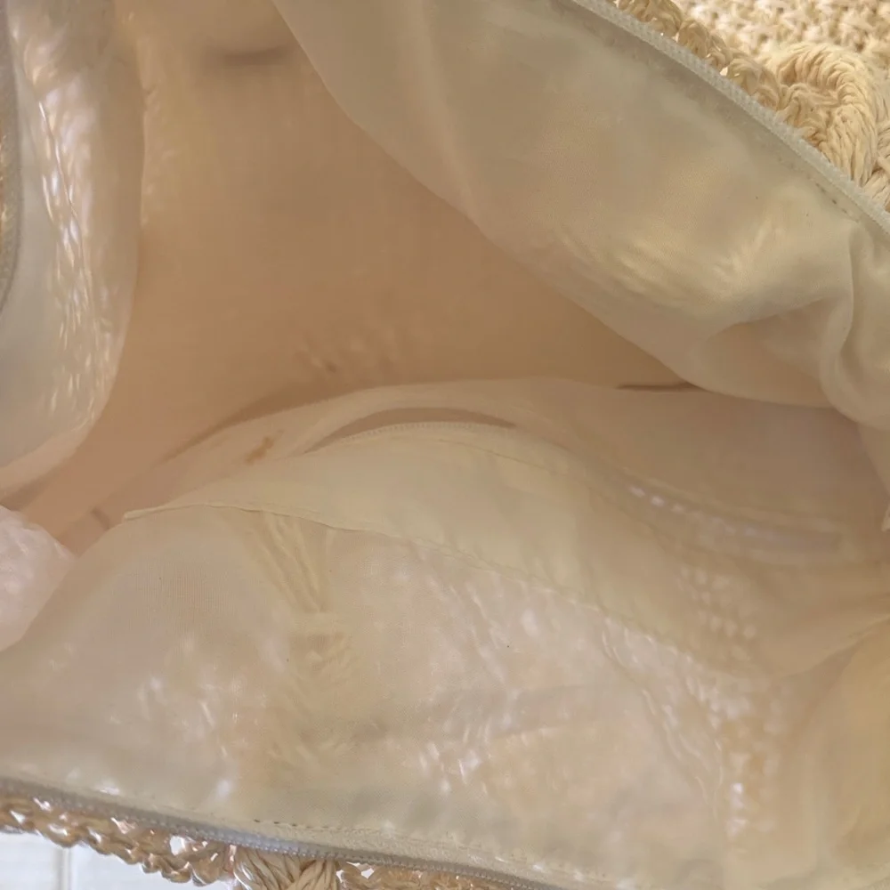 Woven Cream Crochet Shoulder Tote Bag Pastel Floral Embroidered Cottagecore - Picture 11 of 12